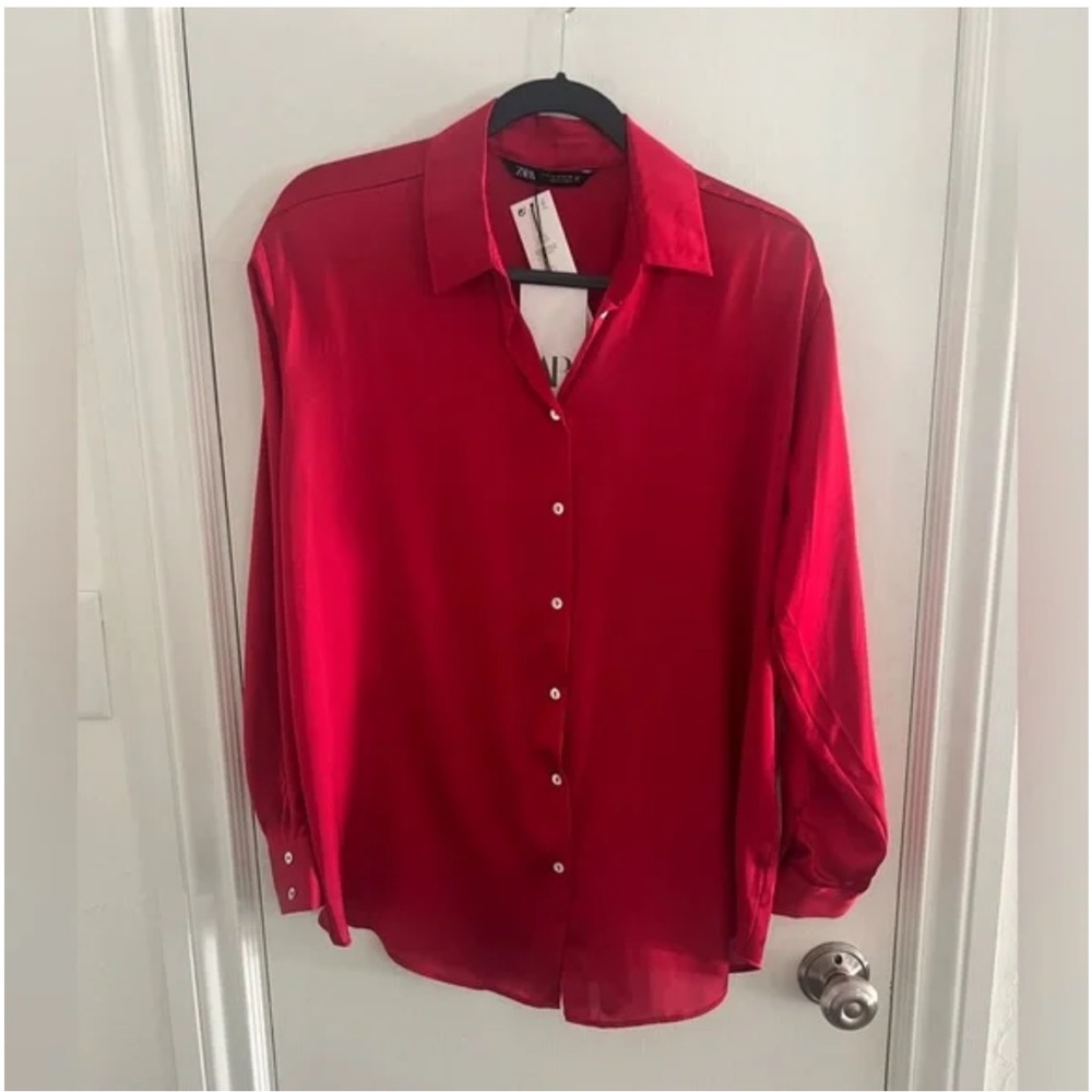 NWT Zara Red Button Down Shirt - Picture 2 of 7